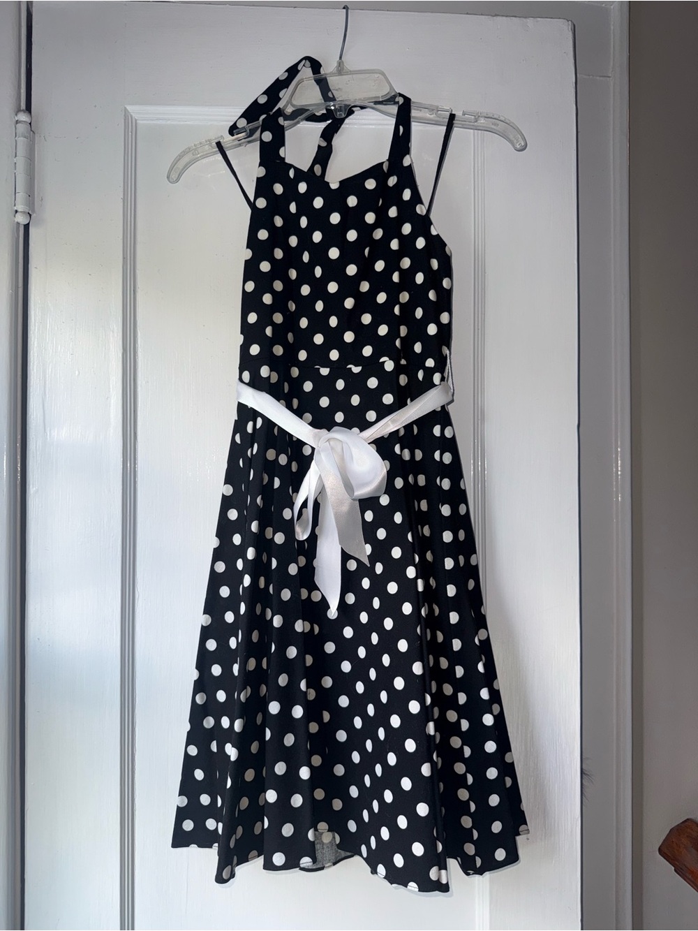 Rare Editions Black and White Polka Dot Halter Dress with Sash